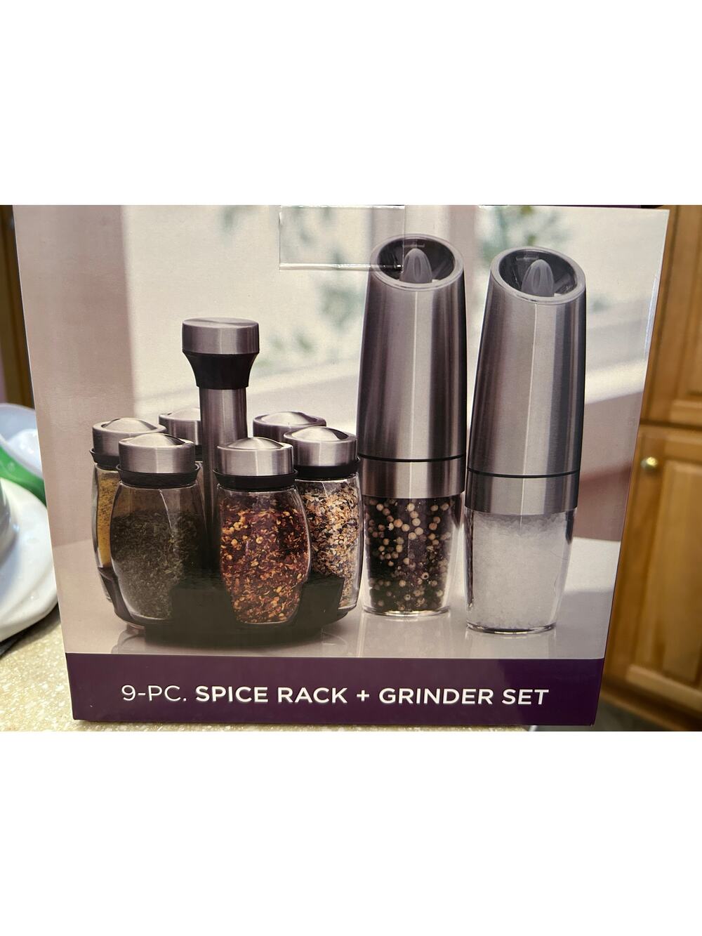 Spice rack grinder set 2 grinding mills 6 glass spice jars